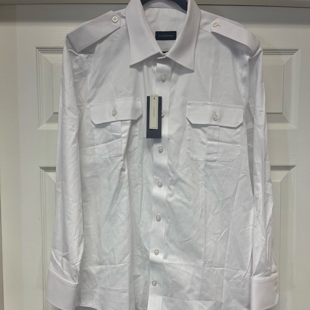 Tailor Store White Cotton Luxury Pilot Button Down Shirt sz approx XL